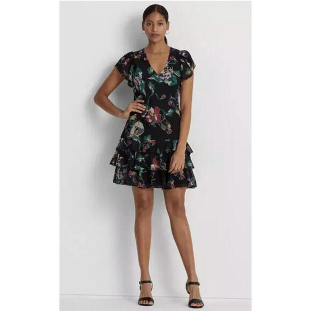 RALPH LAUREN V-neck Ruffled Hem Floral Print Georgette Drop Waist Dress 0 New